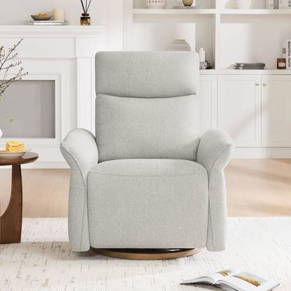 Front view of cream swivel recliner positioned beside contemporary side table.
