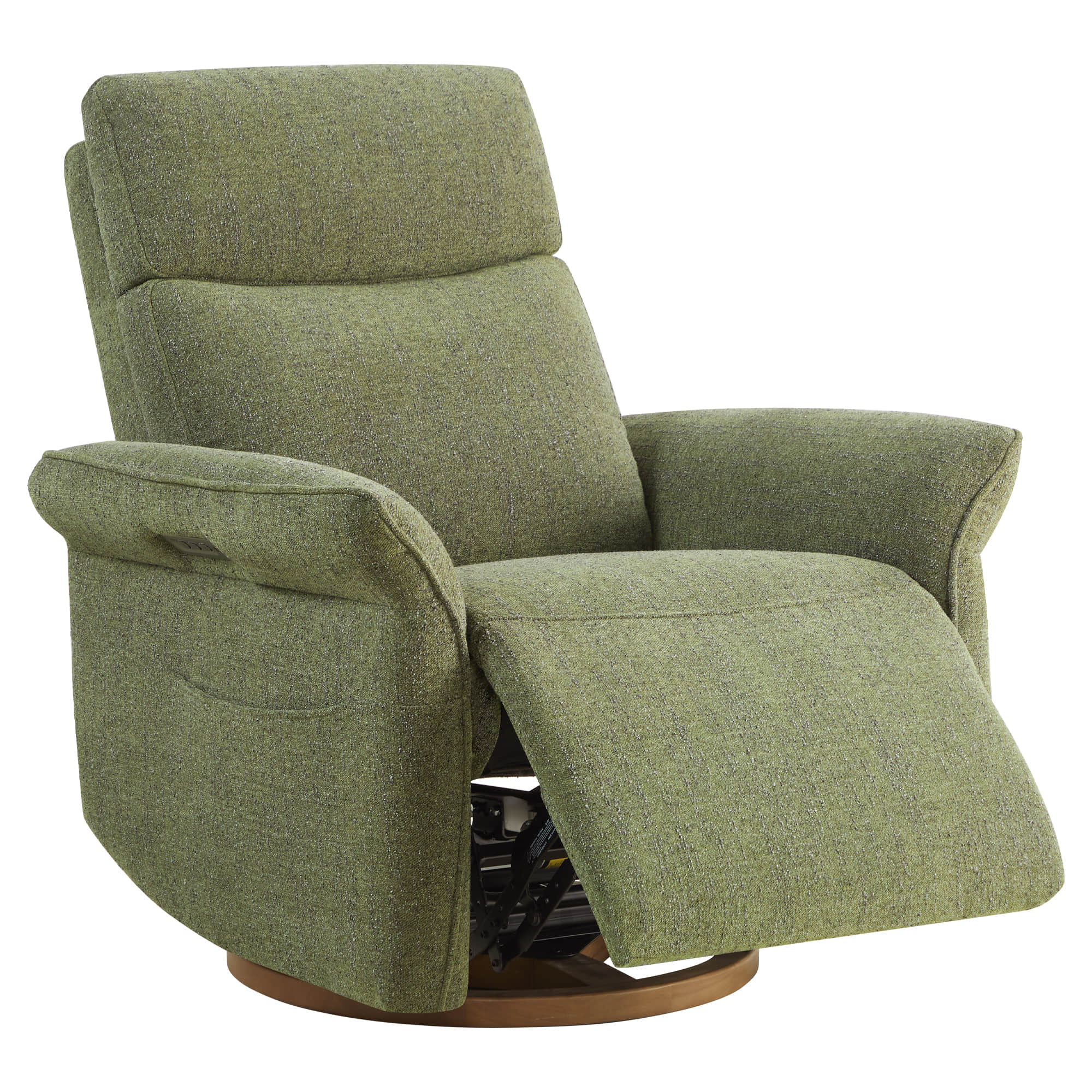 Front view of comfortable olive green power recliner with generous proportions.