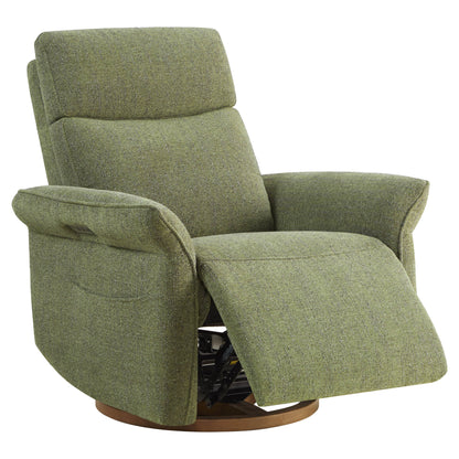 Front view of comfortable olive green power recliner with generous proportions.