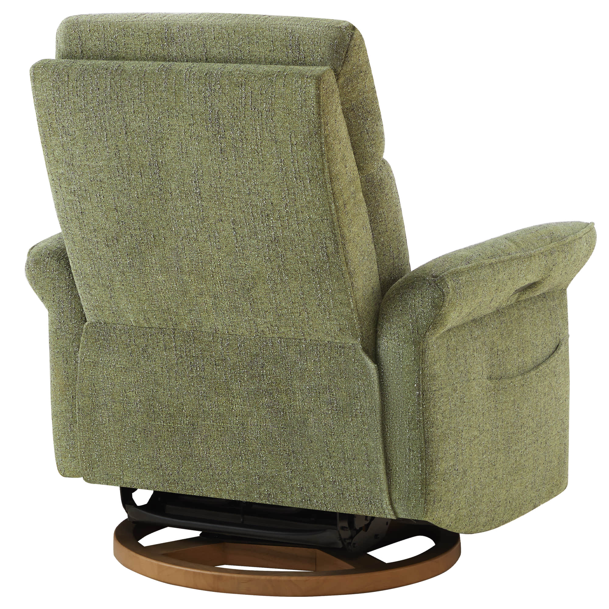 Side detail of green power recliner showing armrest and side panel construction.