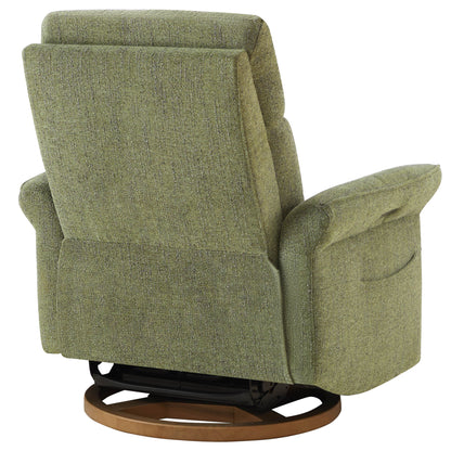 Side detail of green power recliner showing armrest and side panel construction.
