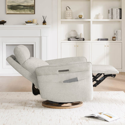 Cream swivel recliner shown from side angle with circular wooden base visible.