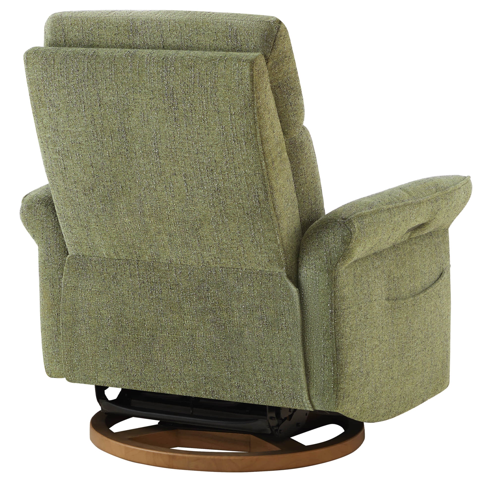 Side detail of green power recliner showing armrest and side panel construction.
