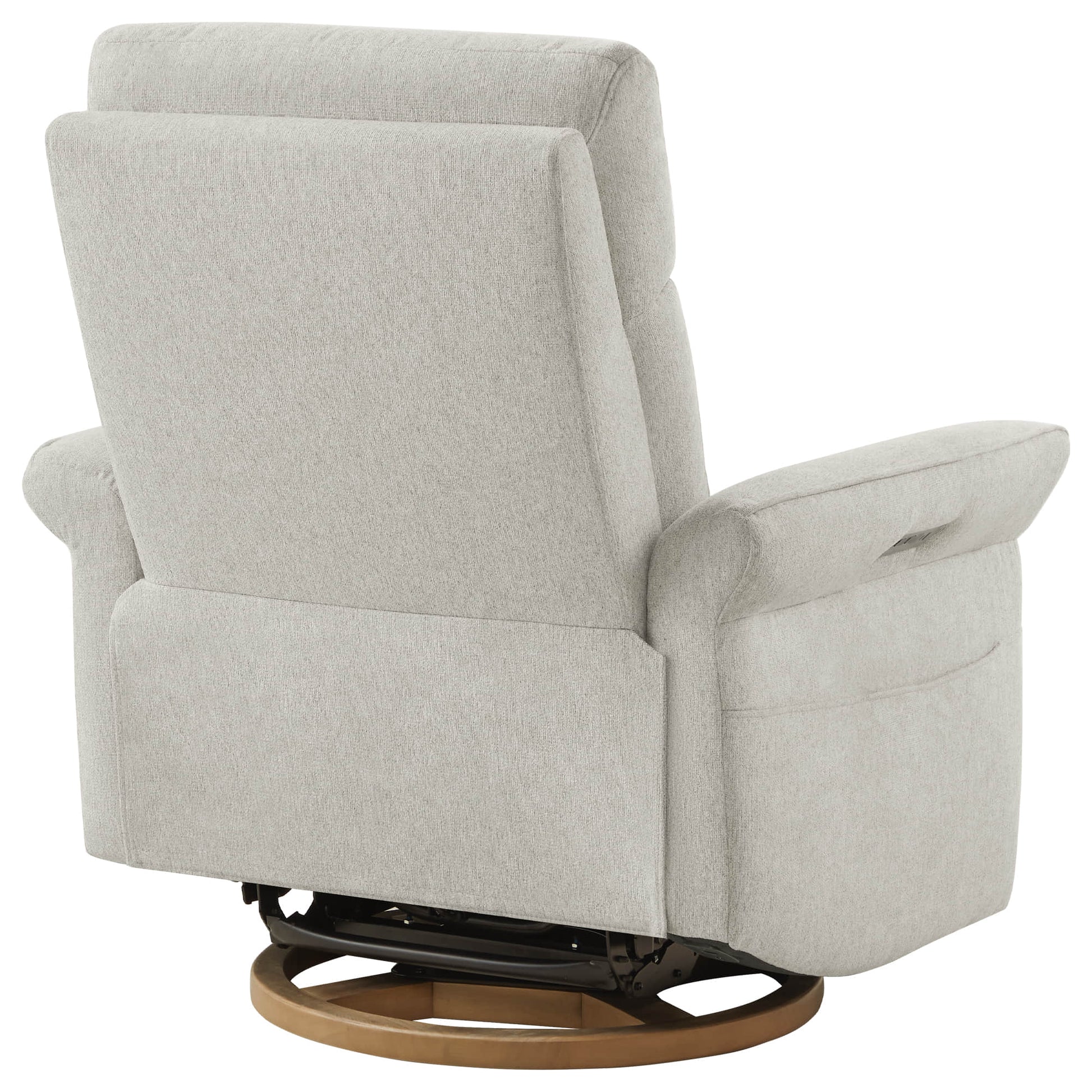 Modern swivel recliner in white upholstery with circular base showing rotation capability.