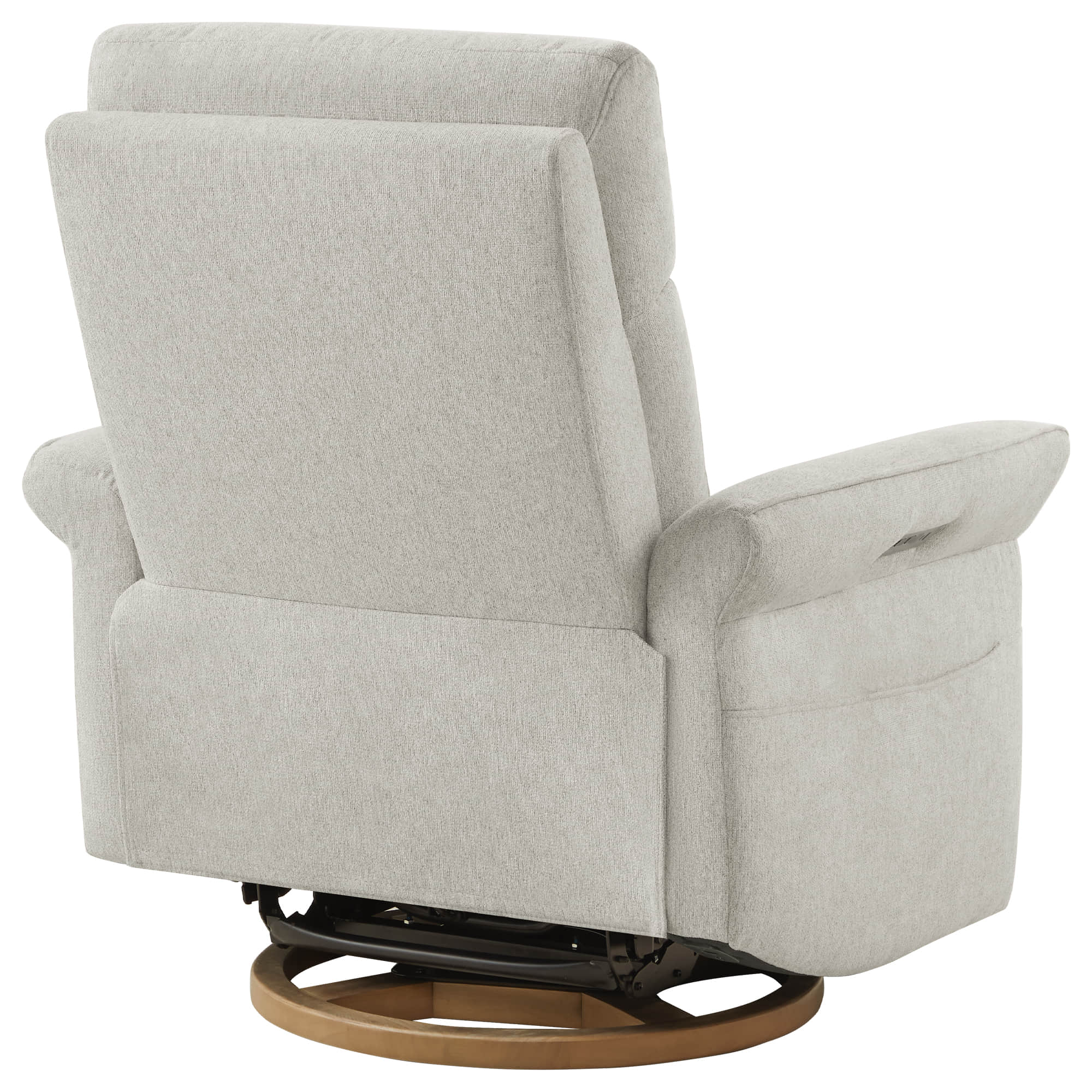 Modern swivel recliner in white upholstery with circular base showing rotation capability.