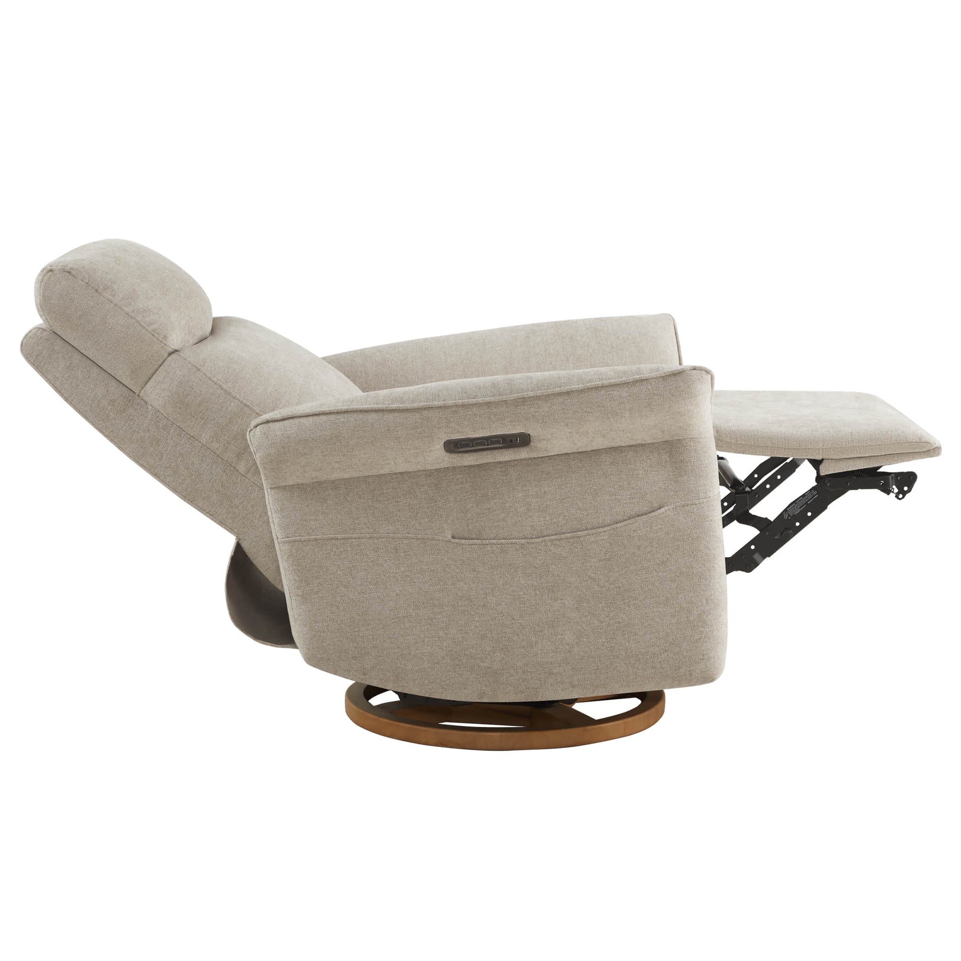 Beige swivel recliner shown from side angle with footrest partially extended.