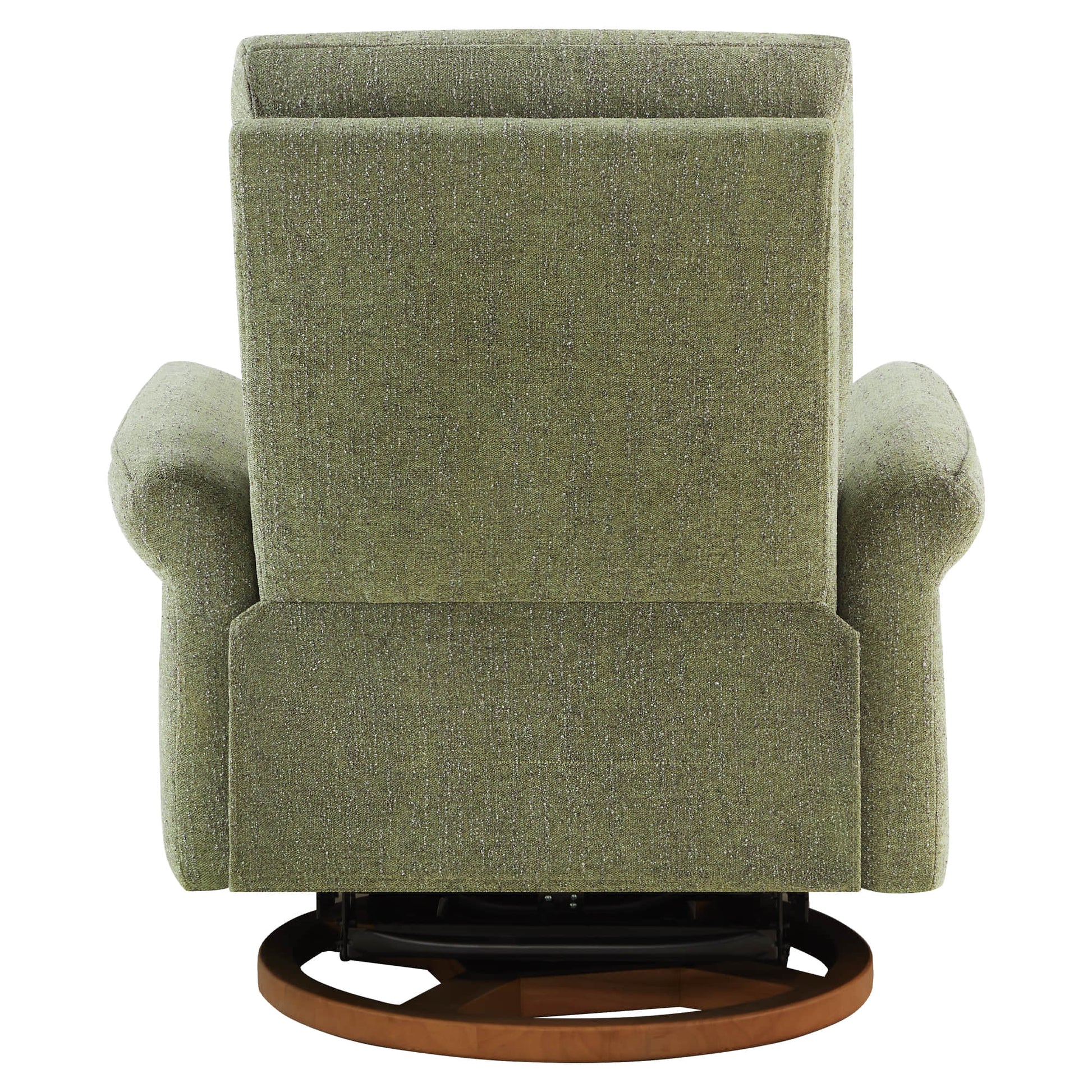 Rear view of green swivel recliner showing back construction and wooden base.