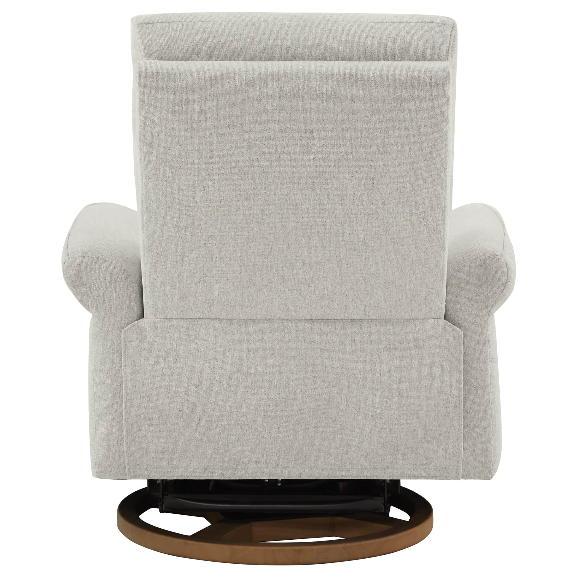 Compact white swivel recliner with rounded armrests and smooth reclining mechanism.
