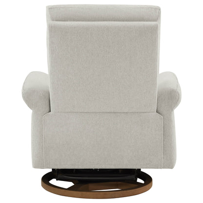 Compact white swivel recliner with rounded armrests and smooth reclining mechanism.