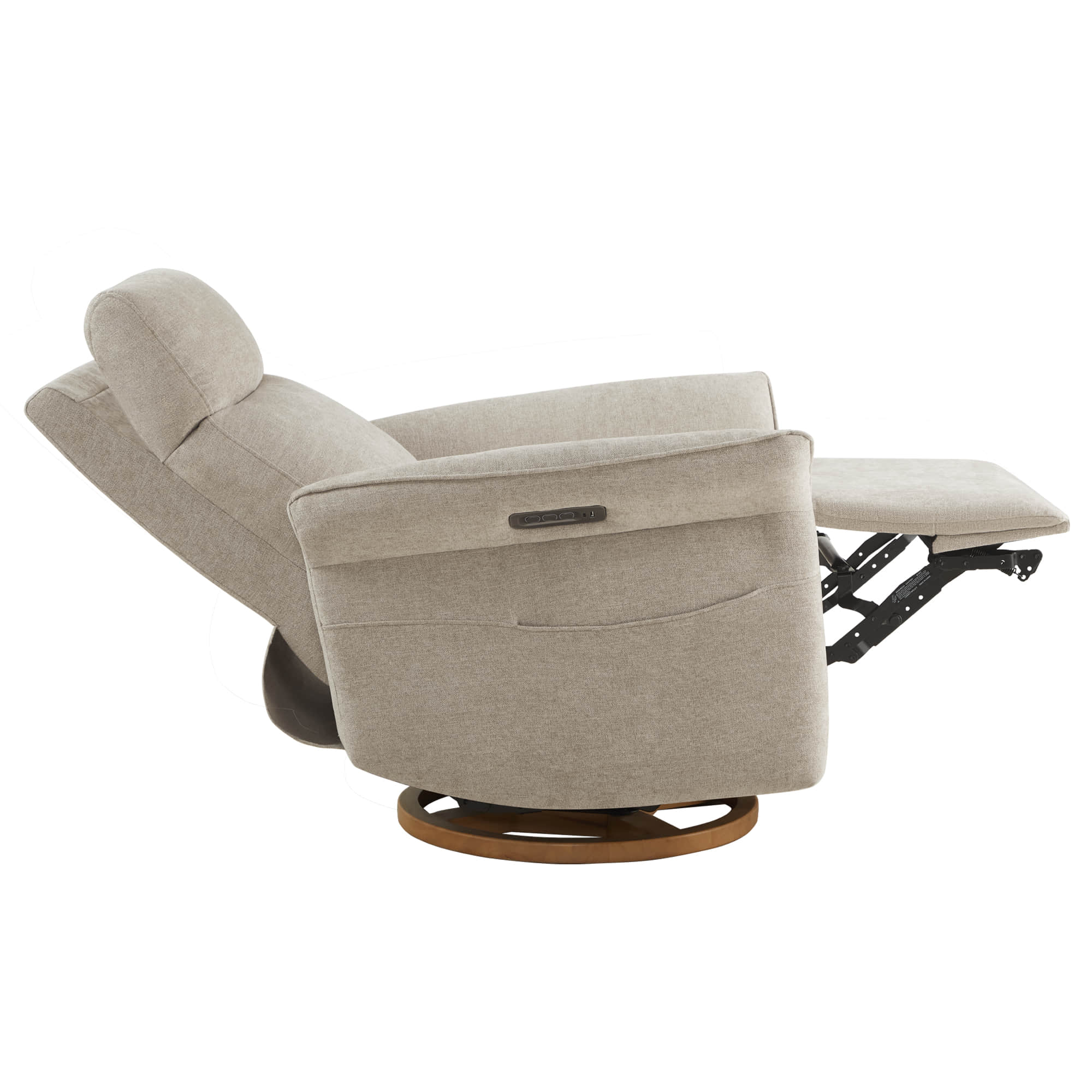Light-colored swivel recliner with wooden base and extended leg support.