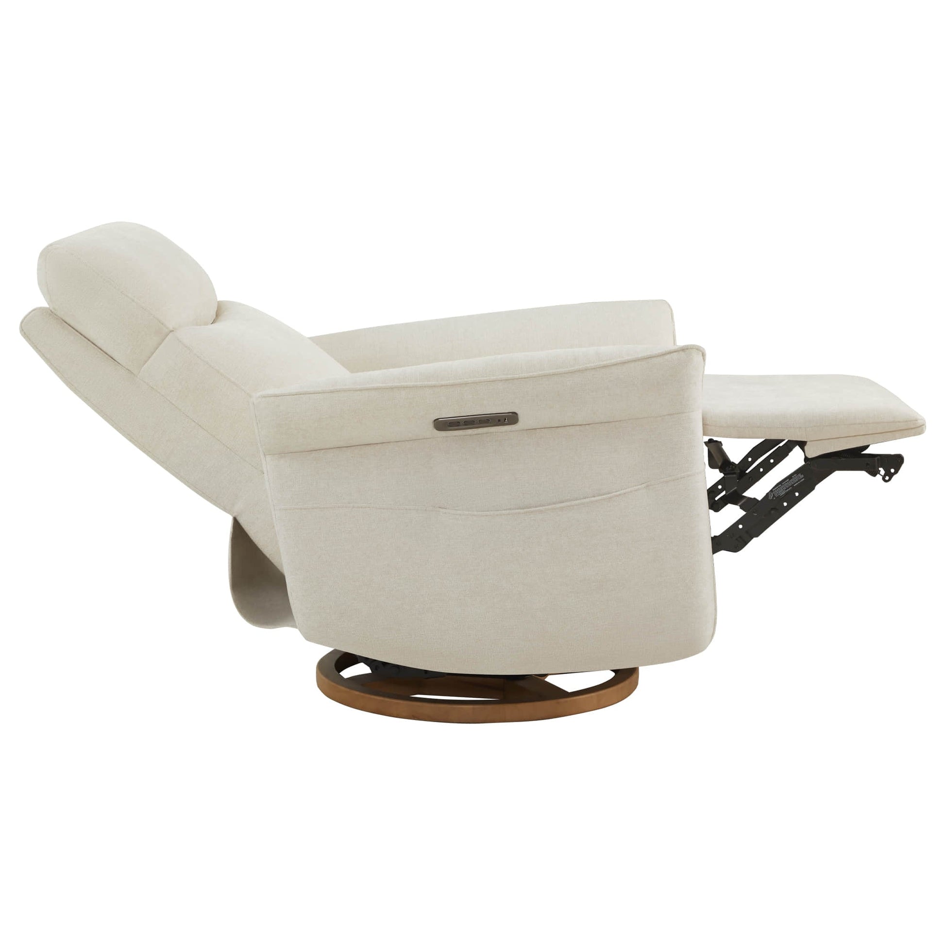 Luxurious cream power recliner in upright position with visible side lever control.