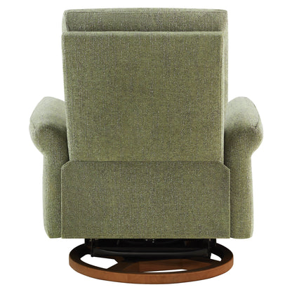 Rear view of green swivel recliner showing back construction and wooden base.