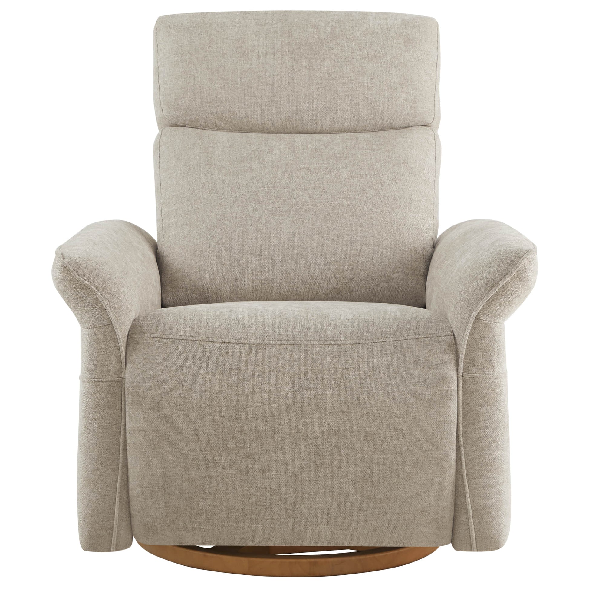 Compact beige power recliner in upright position with streamlined profile.
