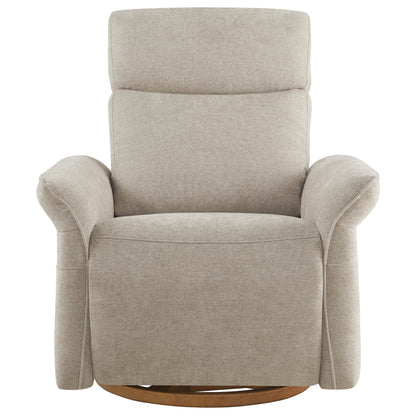 Compact beige power recliner in upright position with streamlined profile.