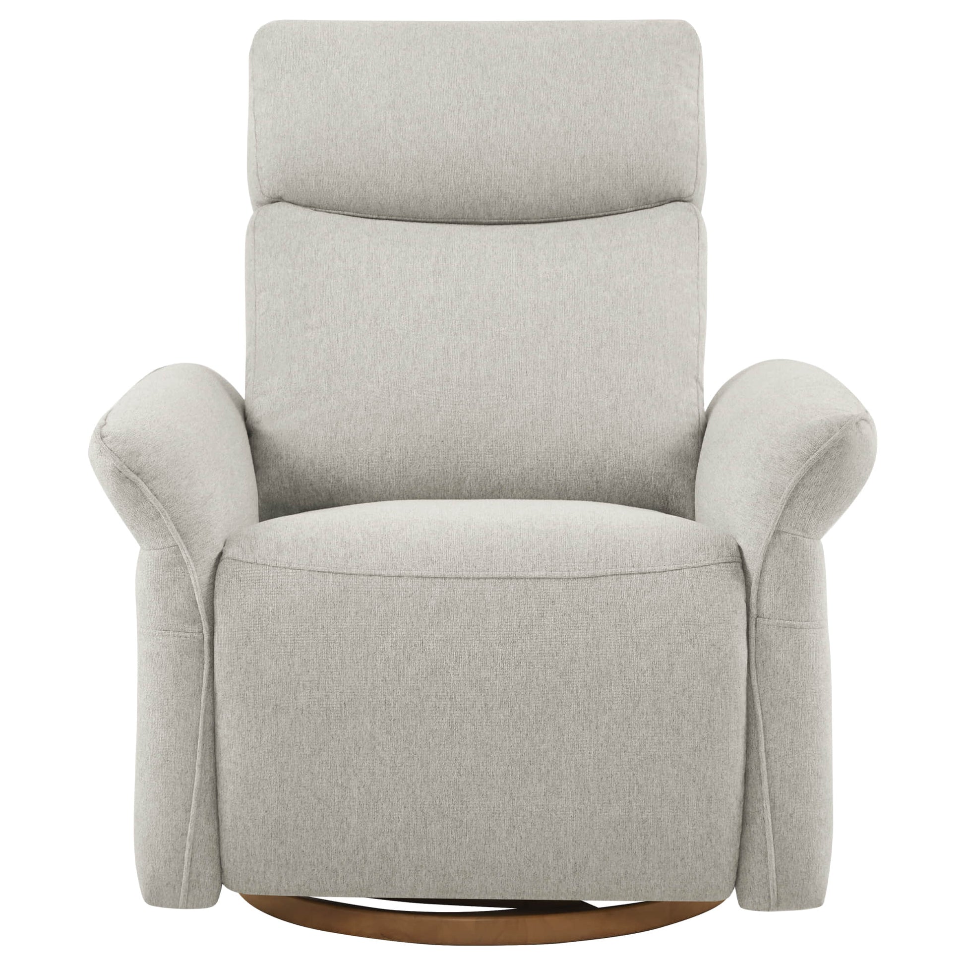 Comfortable white swivel recliner with high back and adjustable headrest for neck support.