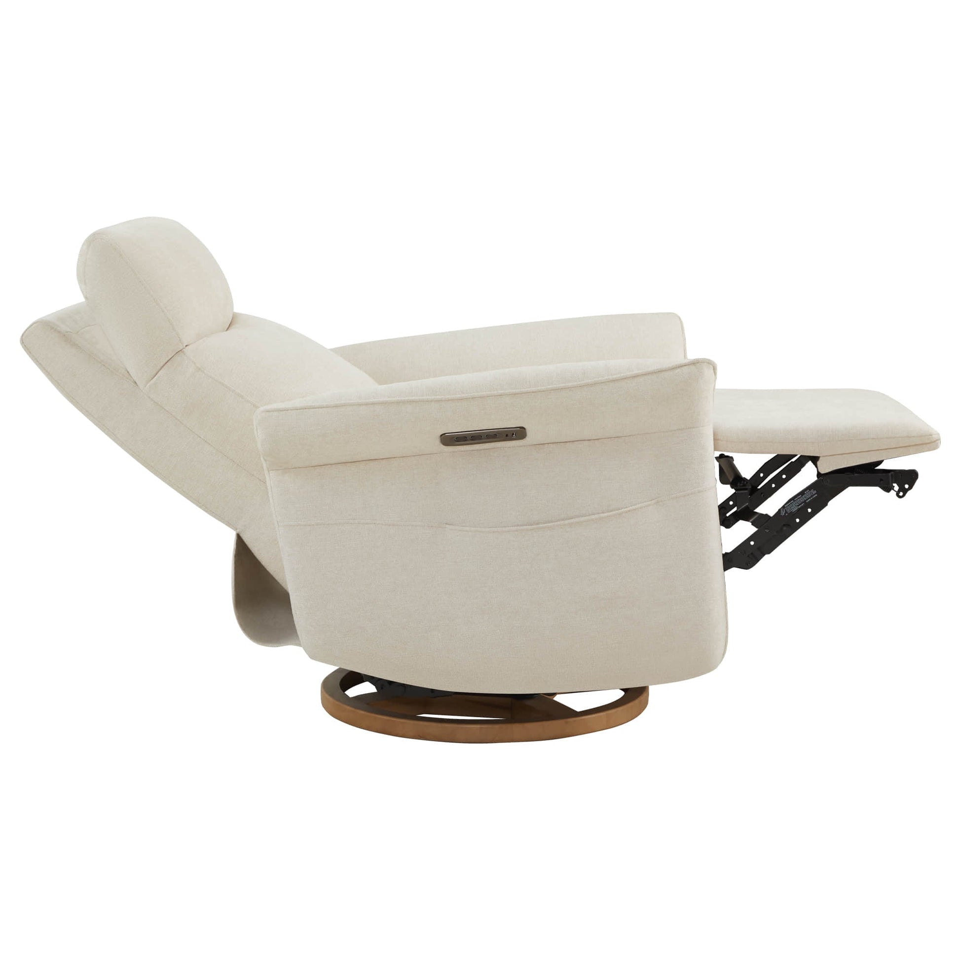Side view of comfortable cream swivel recliner showing reclining mechanism.