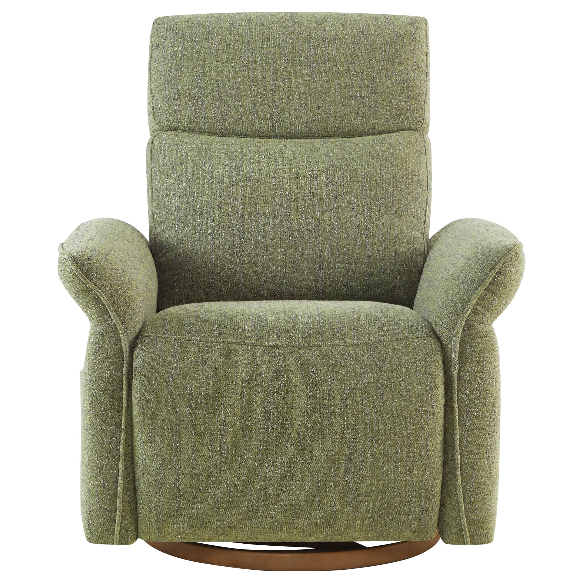 Front-facing olive green power recliner with rolled arms in upright position.