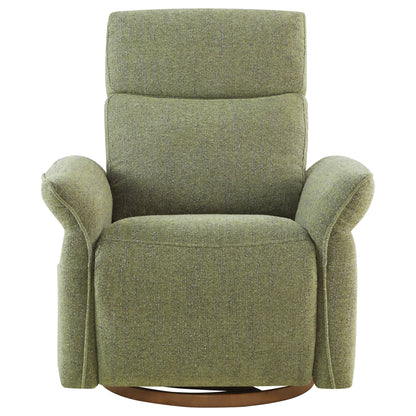 Front-facing olive green power recliner with rolled arms in upright position.