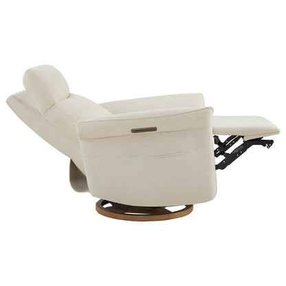 Side view of comfortable cream swivel recliner showing reclining mechanism.