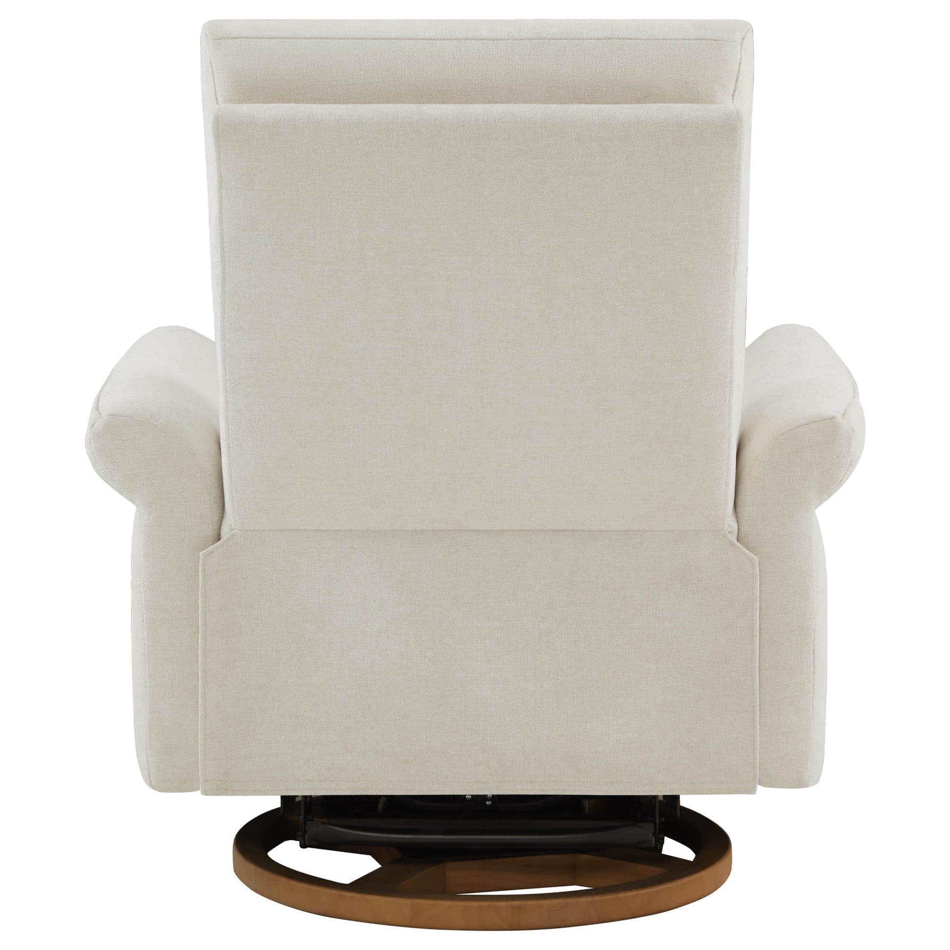 Cream swivel recliner with circular wooden base offering 360-degree rotation.