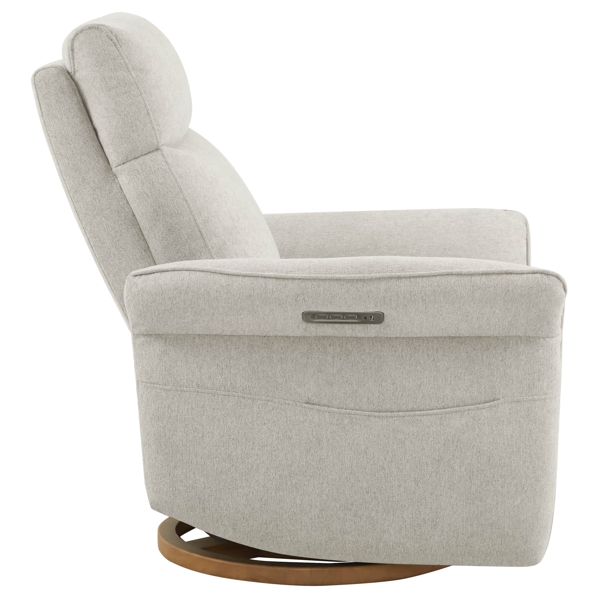 Side profile of white swivel recliner showcasing ergonomic design and base mechanism.