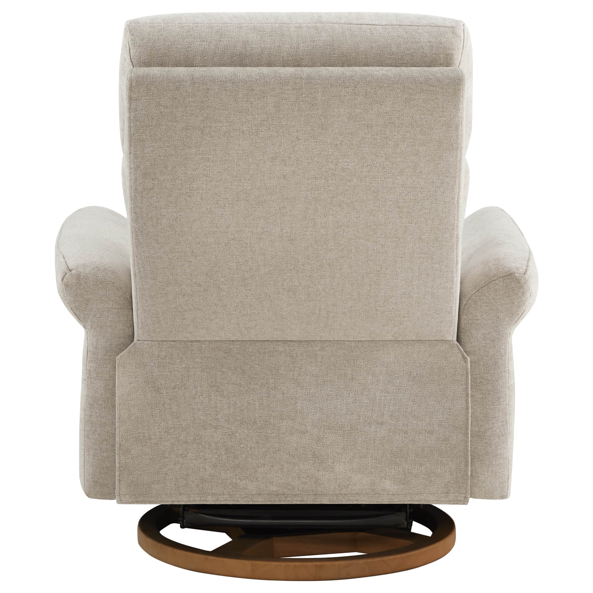 Rear view of beige swivel recliner highlighting clean lines and construction.