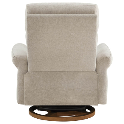 Rear view of beige swivel recliner highlighting clean lines and construction.