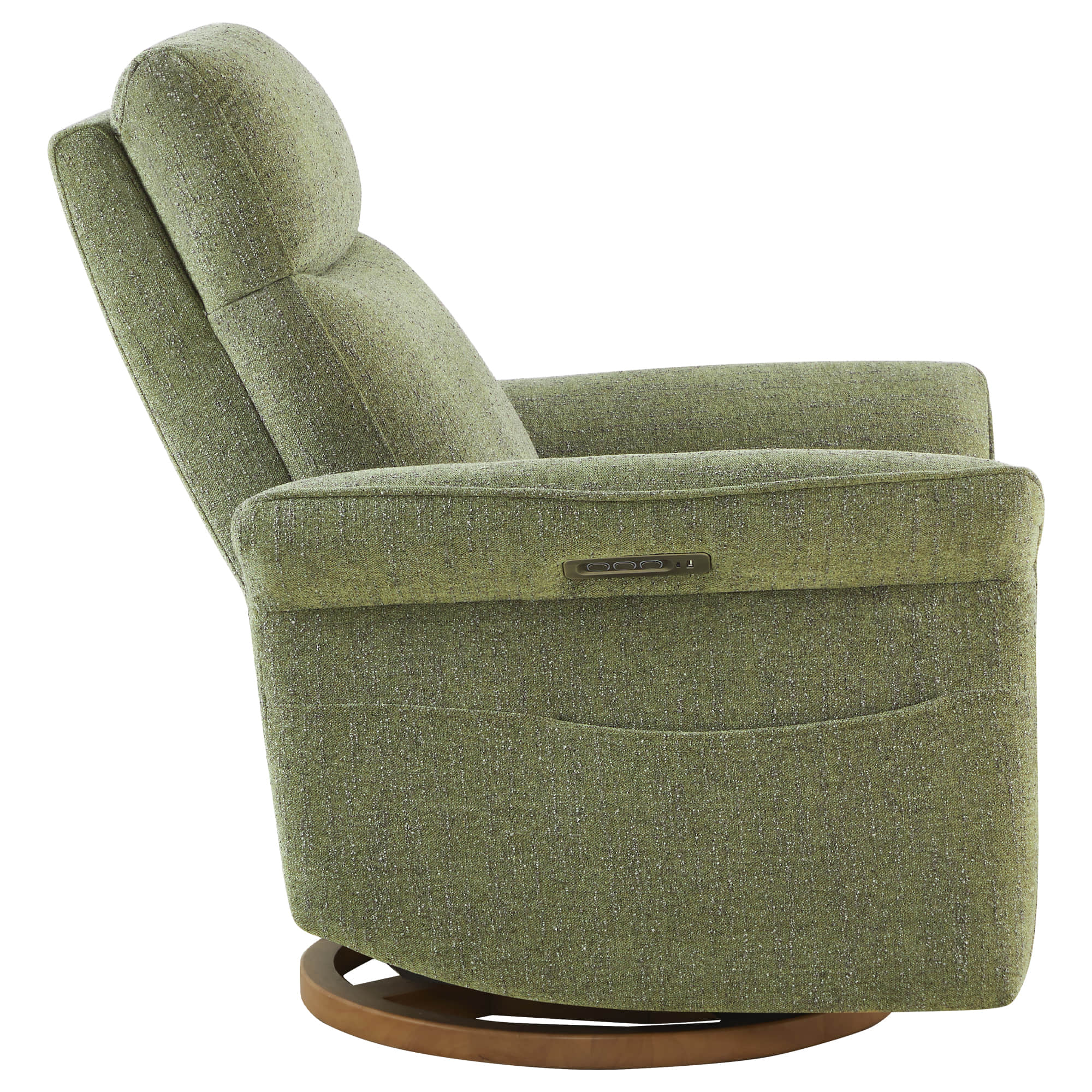 Side profile of stylish green swivel recliner showcasing contemporary design.