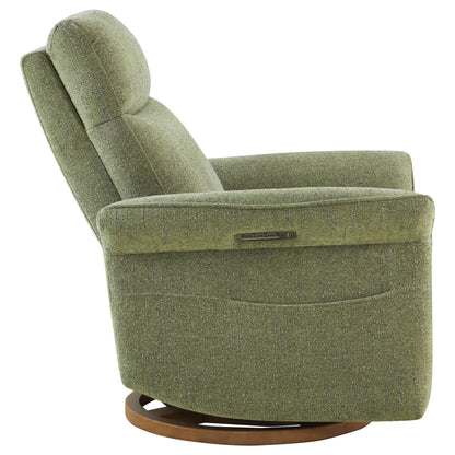 Side profile of stylish green swivel recliner showcasing contemporary design.