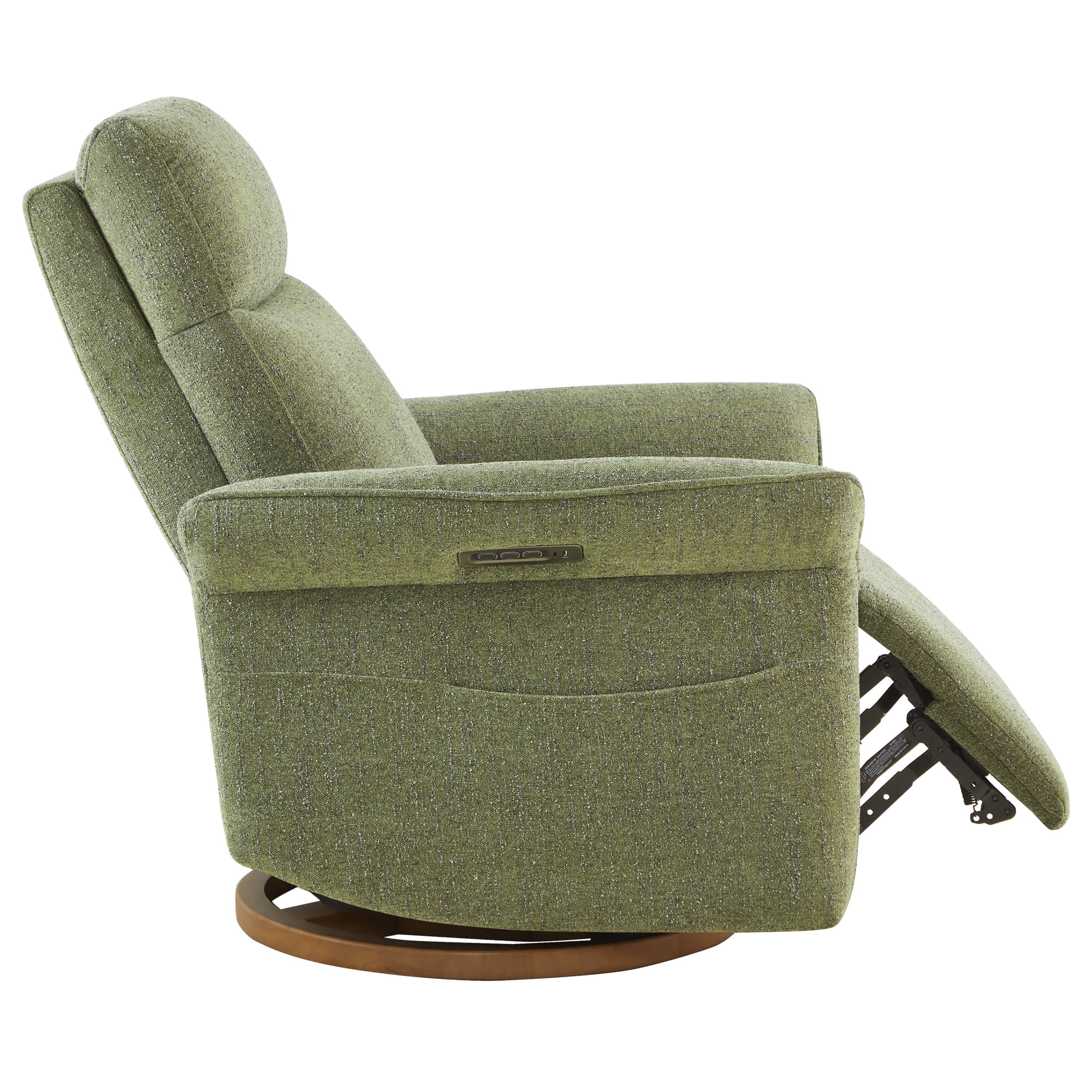 Green power recliner with footrest extended demonstrating reclining function.