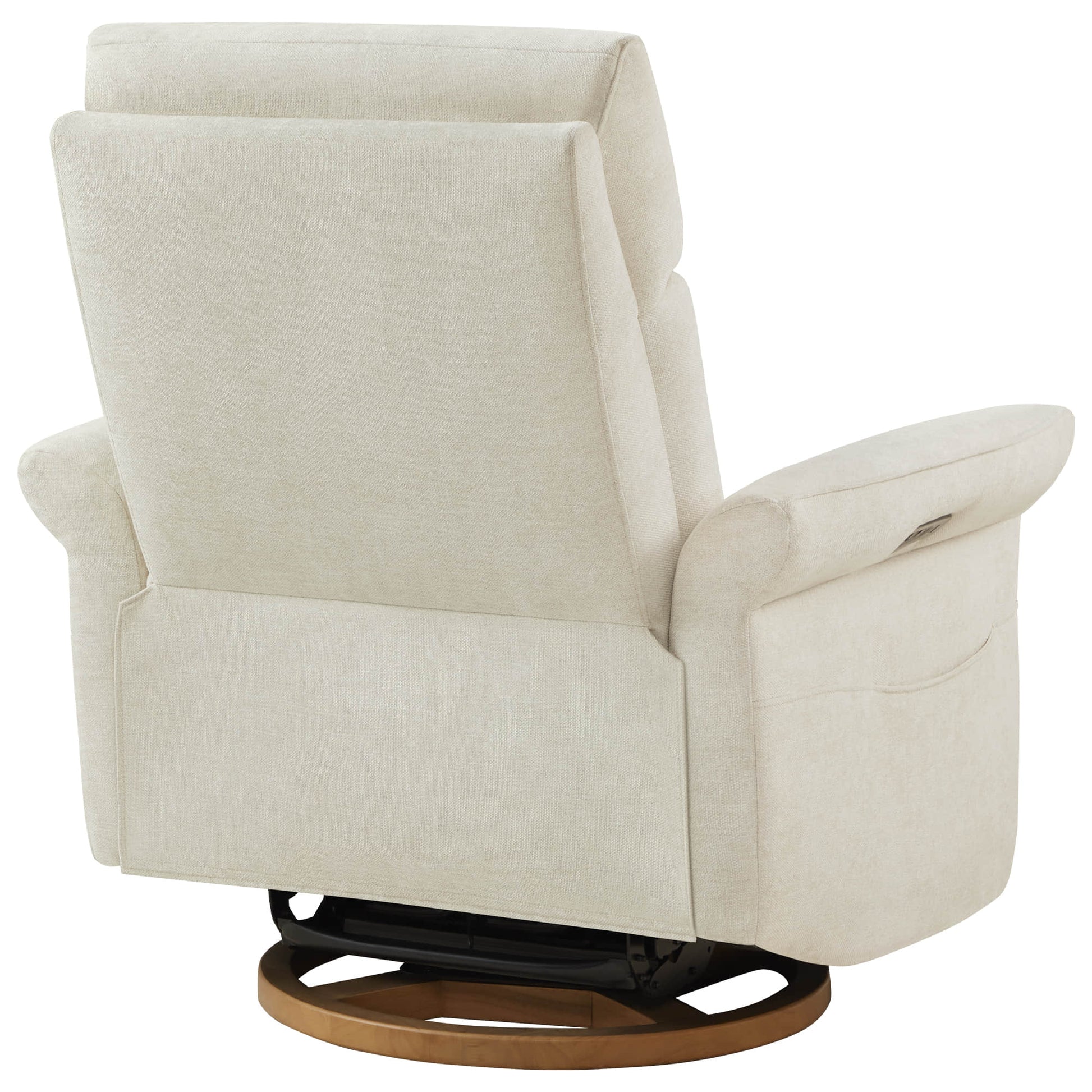 Cream swivel recliner with wooden base shown from three-quarter angle view.