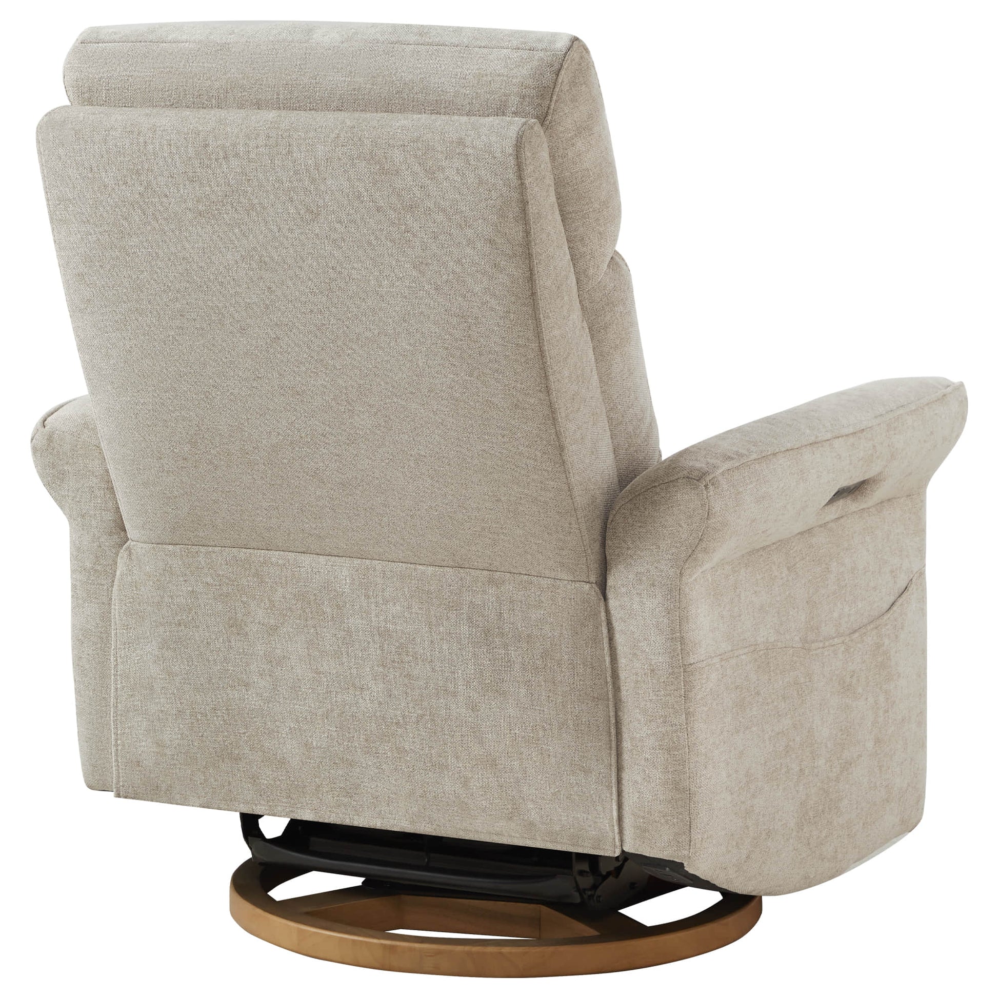 Side angle of contemporary swivel recliner with wooden circular base.