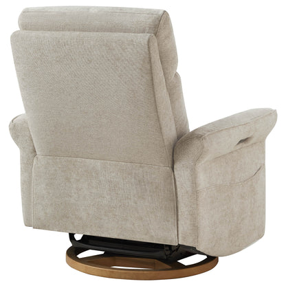 Side angle of contemporary swivel recliner with wooden circular base.