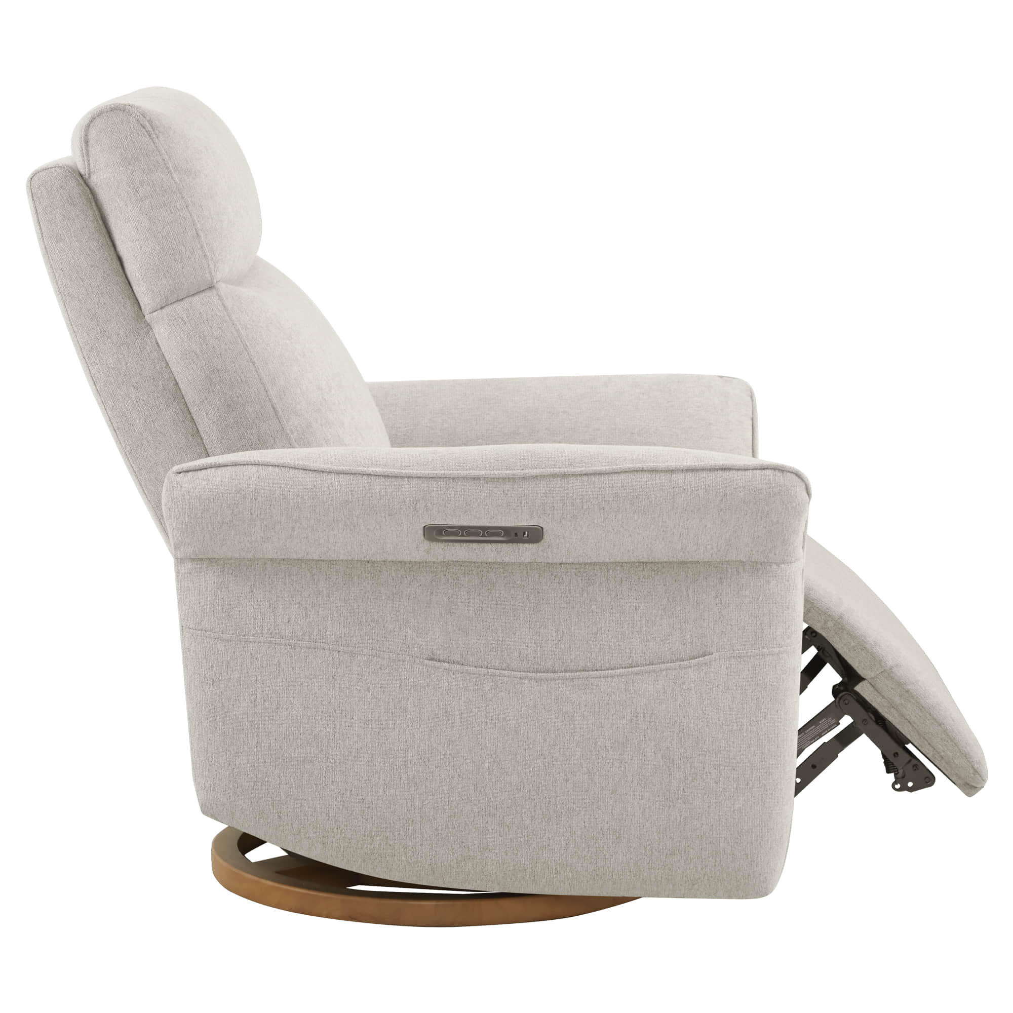 Comfortable white swivel recliner in upright position with modern design.