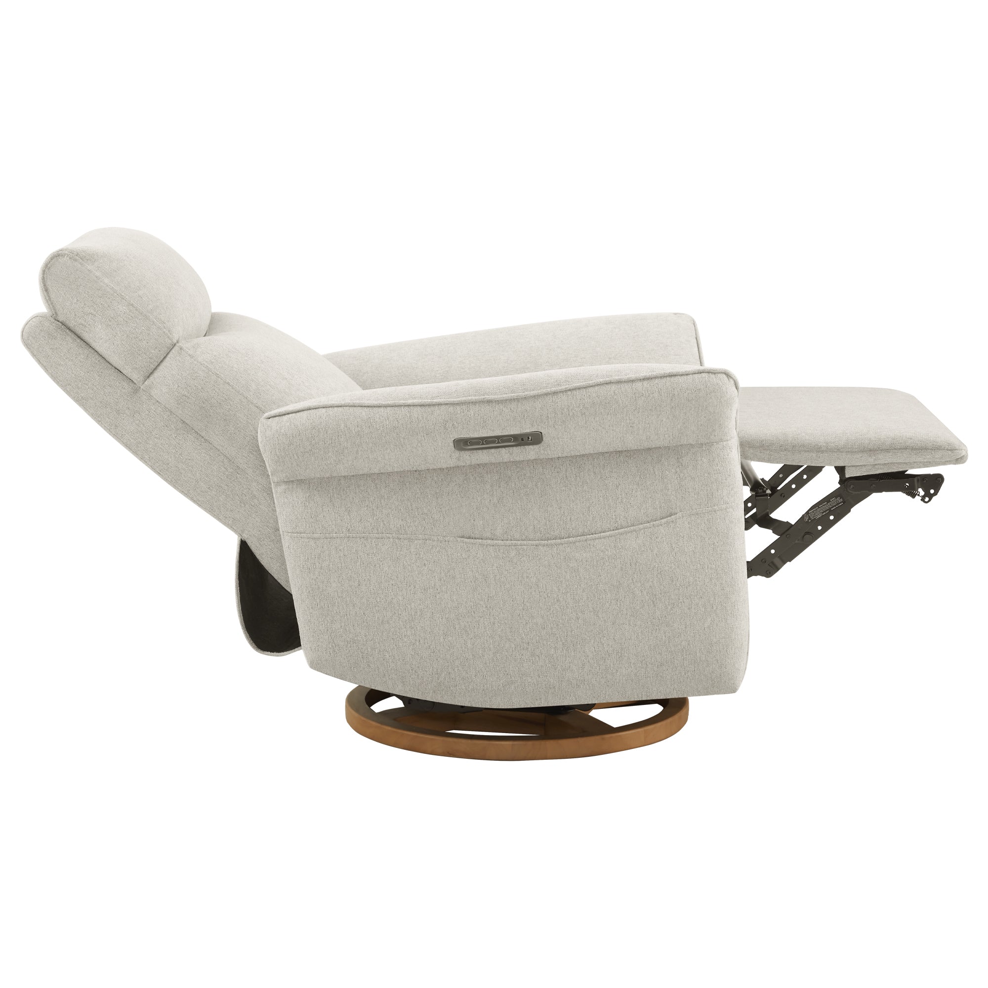 White swivel recliner with footrest extended showing recline function.
