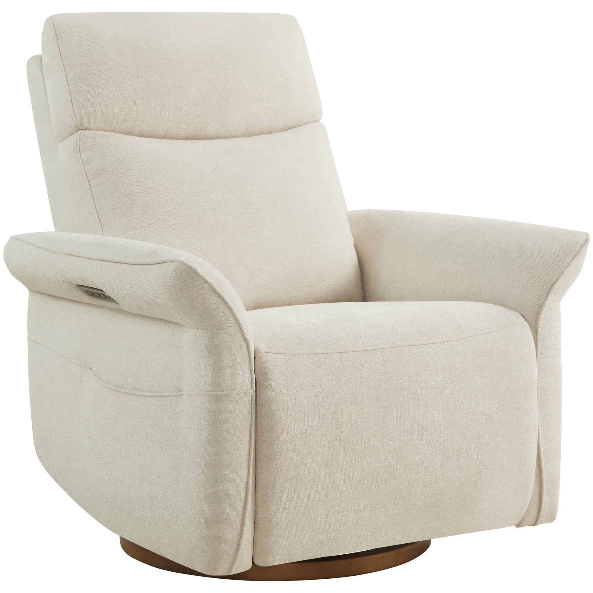 Cream swivel recliner with ergonomic design and generous padding for comfort.