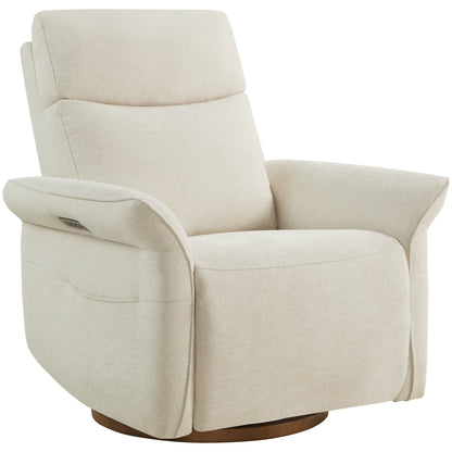 Cream swivel recliner with ergonomic design and generous padding for comfort.