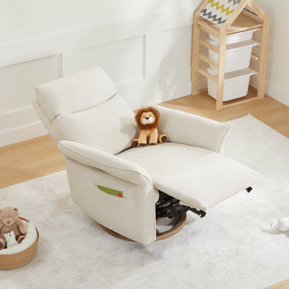 Side angle of a white power recliner with footrest extended showing reclining function.