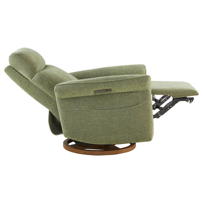 Olive green power recliner in semi-reclined position with extended footrest.