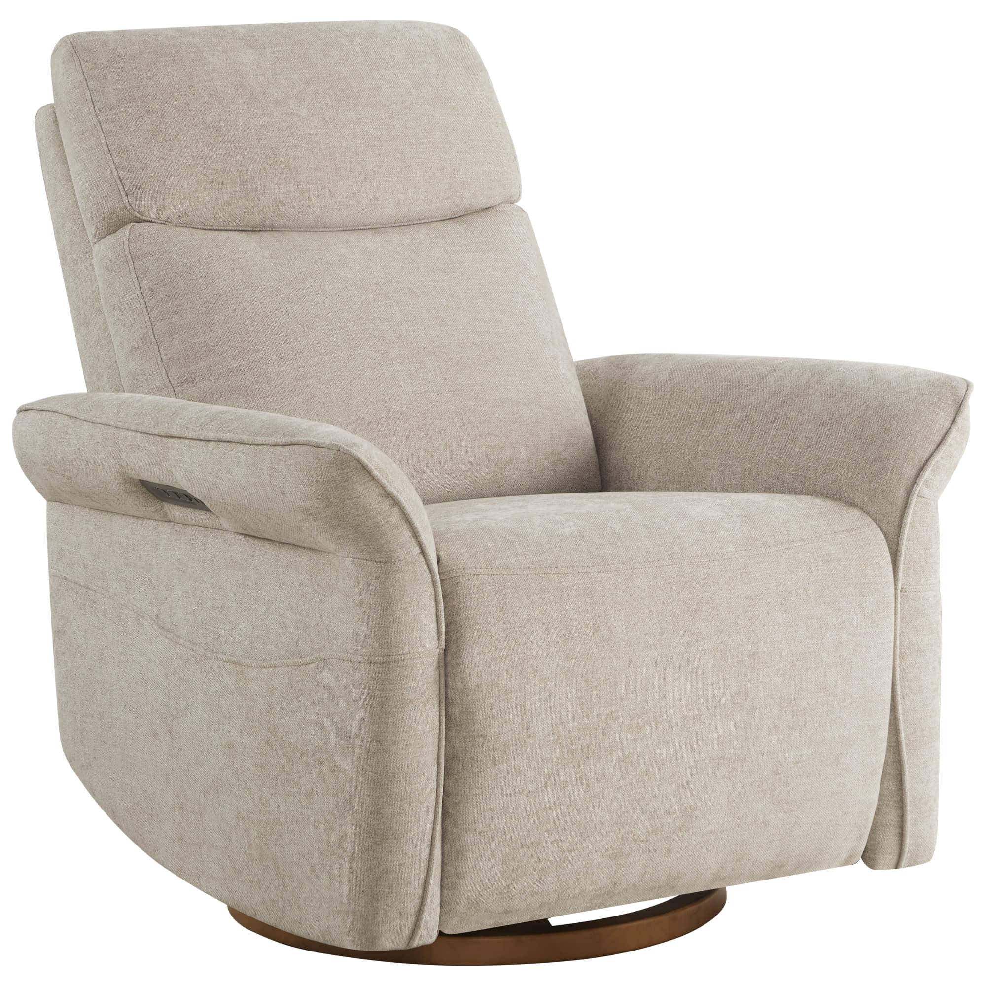 Neutral-toned swivel recliner showcasing elegant design and wooden base.