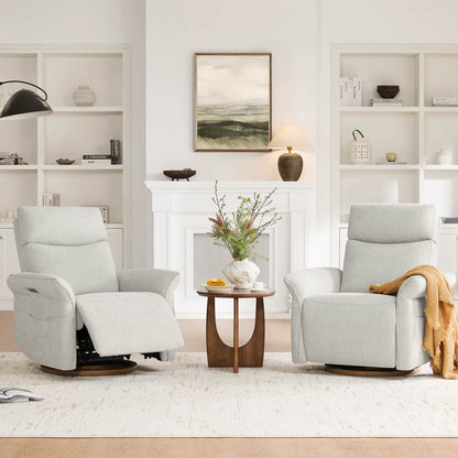 Pair of elegant cream power recliners creating symmetrical living room layout.