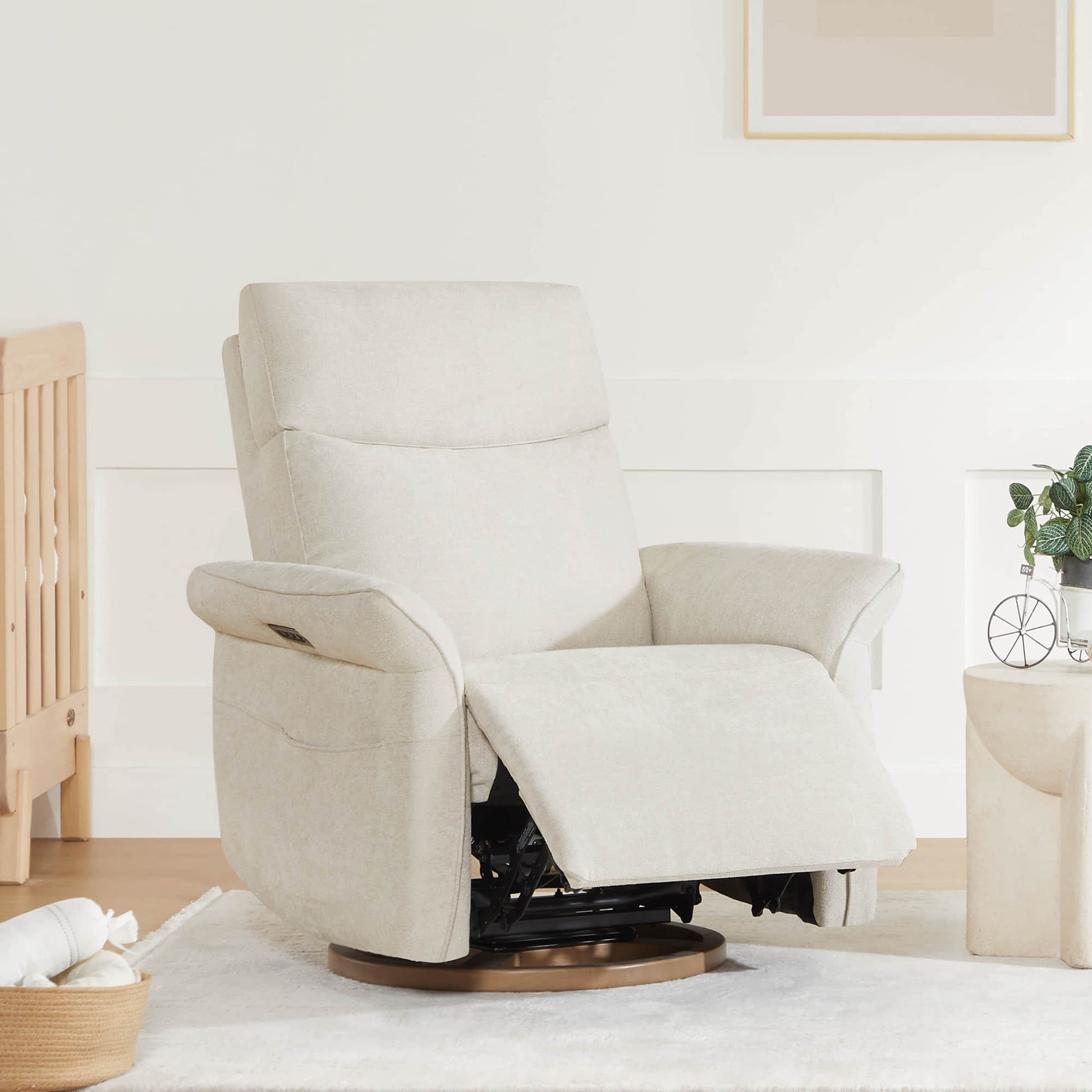 Cream power recliner in semi-reclined position showing smooth operation.