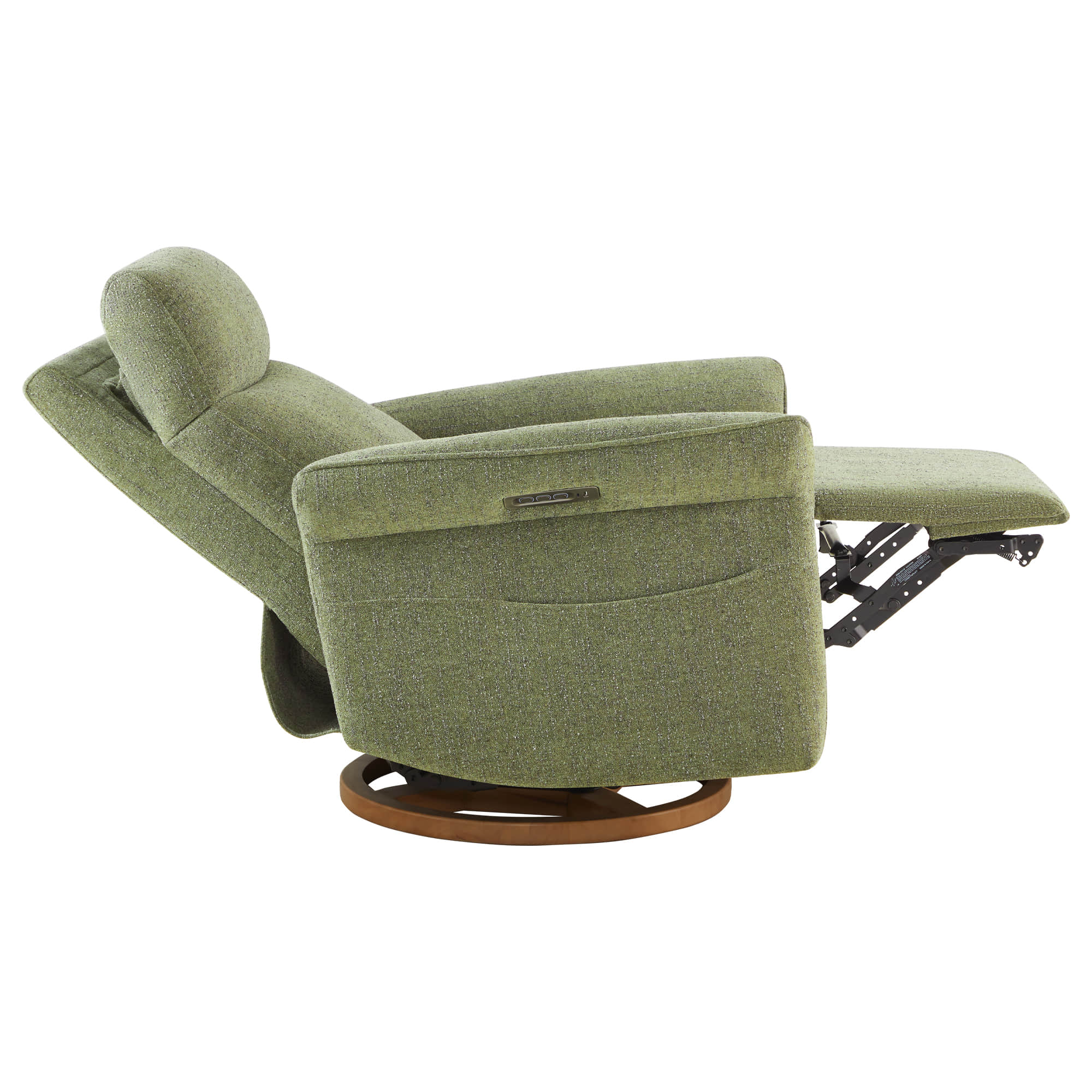 Side angle of green swivel recliner showing wooden base and reclining mechanism.