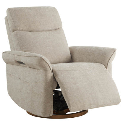 Beige power recliner with footrest extended, perfect for living room relaxation.
