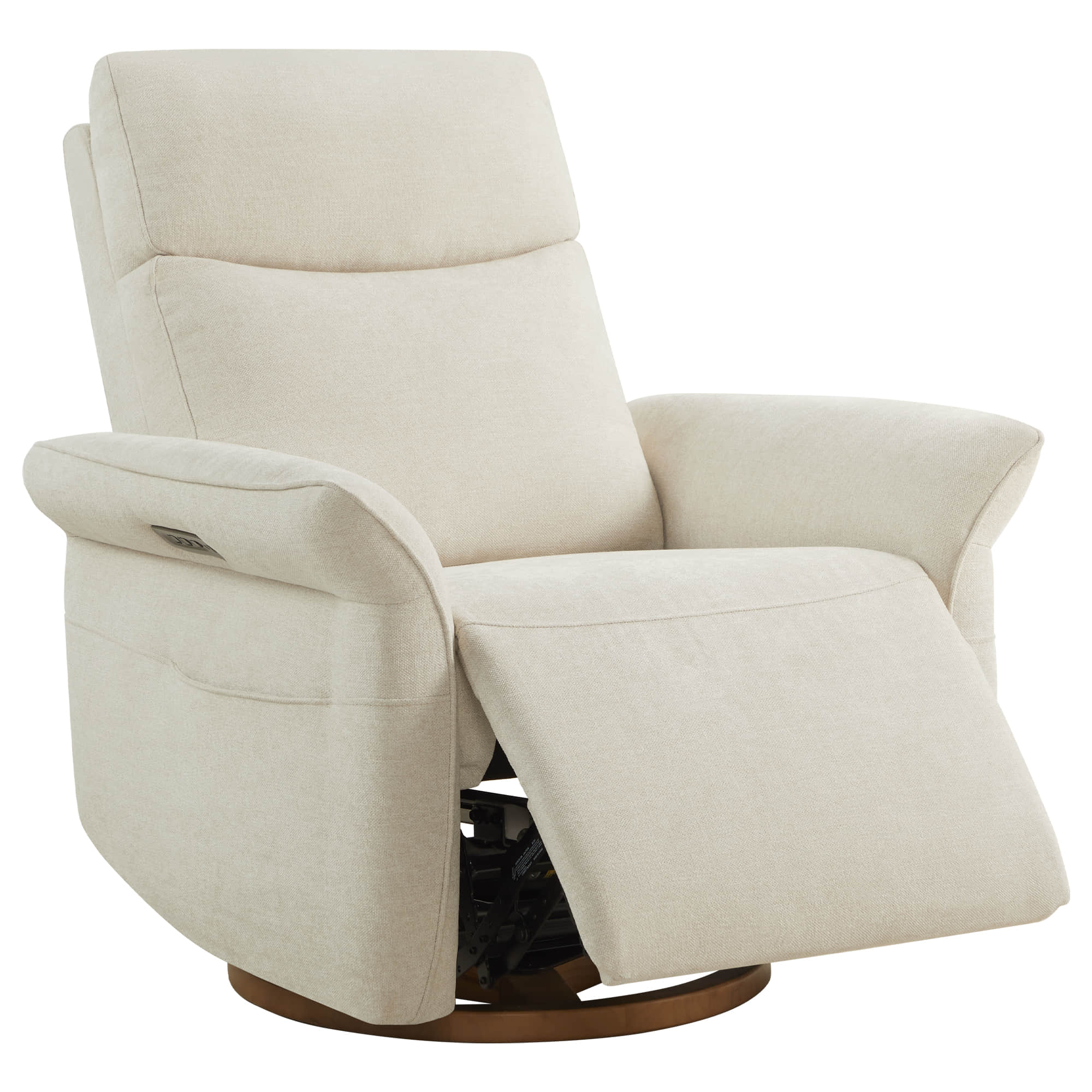 Cozy cream power recliner with padded armrests in closed position.