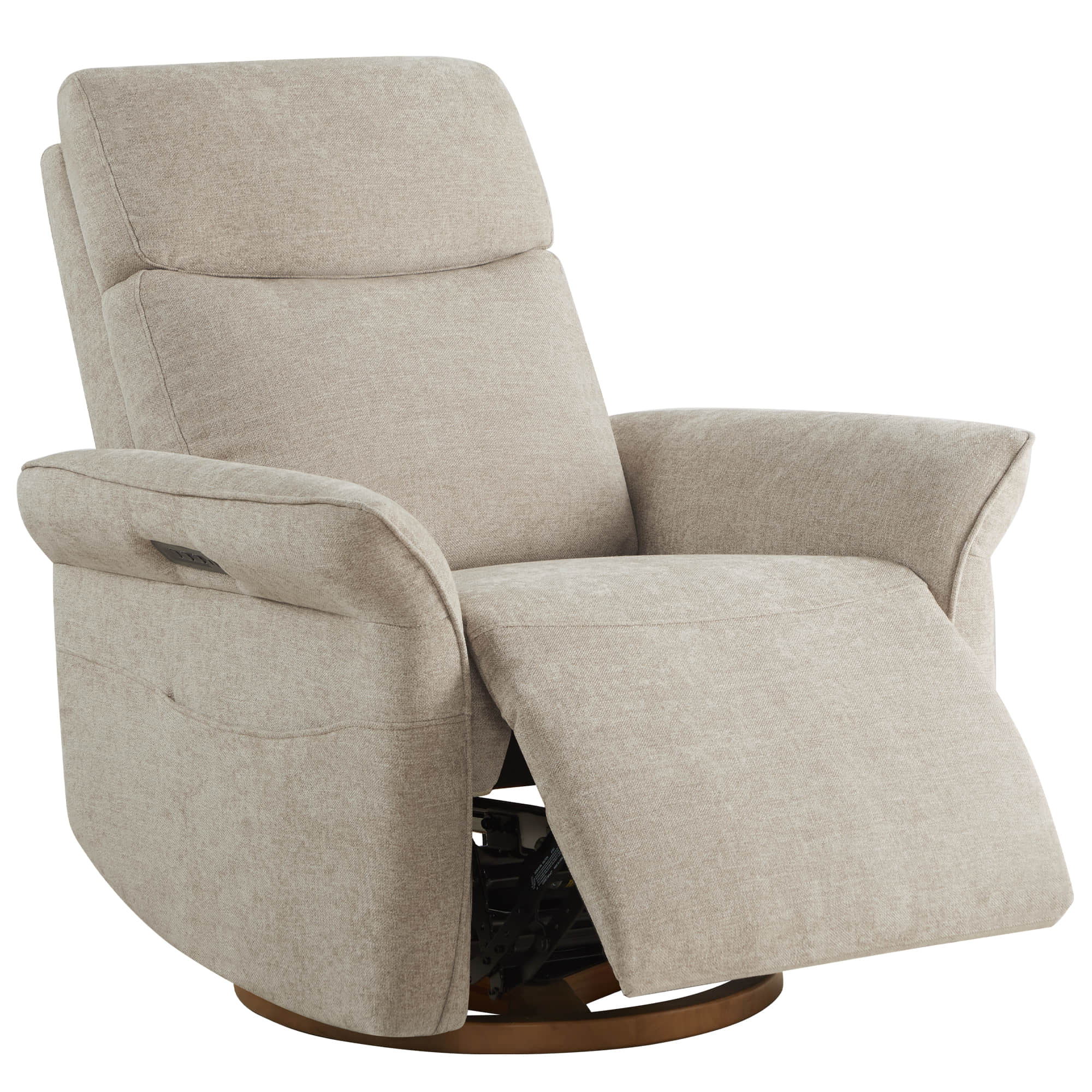 Beige power recliner with footrest extended, perfect for living room relaxation.