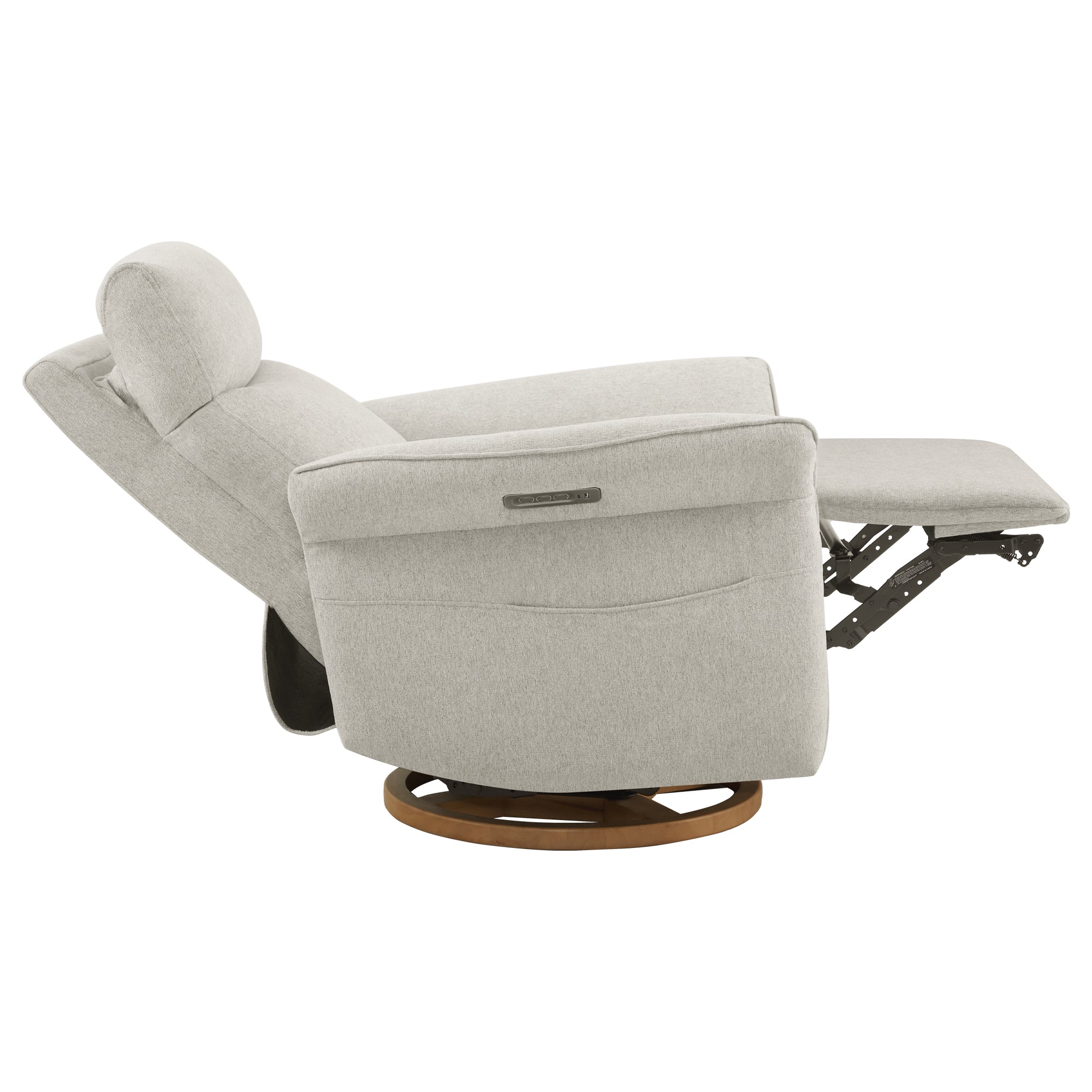 Side view of white swivel recliner with extended footrest for relaxation.