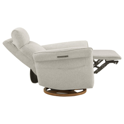Side view of white swivel recliner with extended footrest for relaxation.