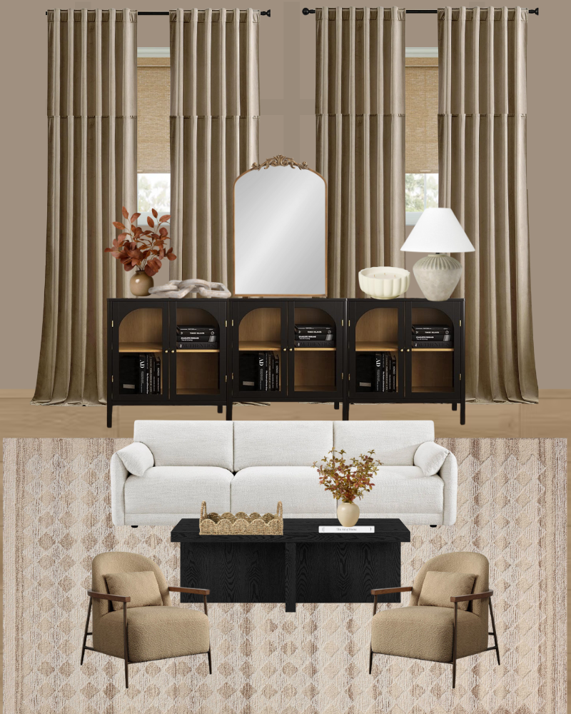 A stylish living room features a white sofa, black coffee table, two beige armchairs