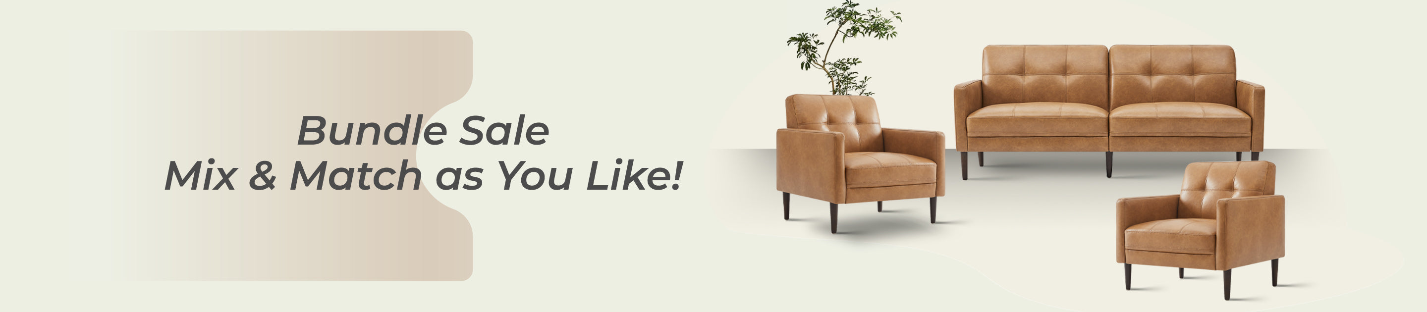 A promotional banner for a bundle sale featuring a set of tan leather furniture